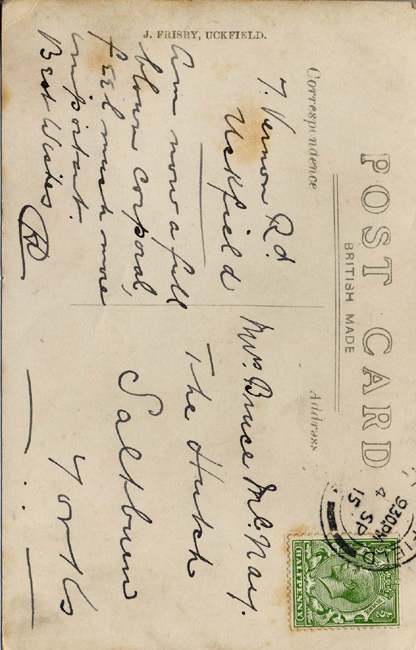 Rear of postcard of Framfield Church Approach in 1915